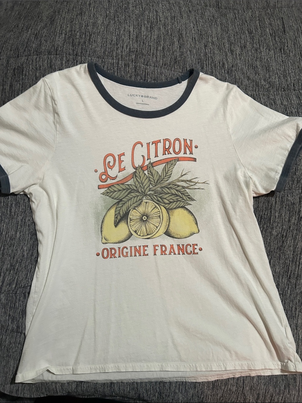 Lucky Brand White Ringer Tee with Lemon Graphic